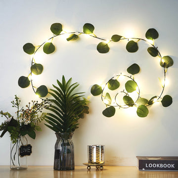 Green Silk Eucalyptus Leaf Garland Vine String Lights, Warm White Battery Operated 7ft 20 LED