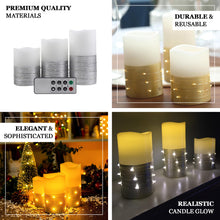 Set of 3 Gold Flameless LED Battery & Remote Powered Pillar Candles Wrapped with Fairy String Lights 4 Inch 5 Inch 6 Inch
