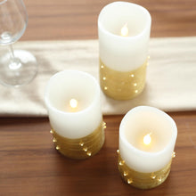 3 Set Gold Flameless LED Remote & Battery Operated Pillar Candles Wrapped with Fairy String Lights 4 Inch 5 Inch 6 Inch