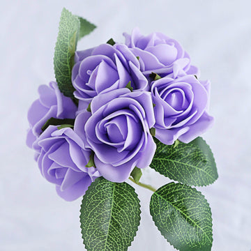 24 Roses Lavender Lilac Artificial Foam Flowers With Stem Wire and Leaves 2"