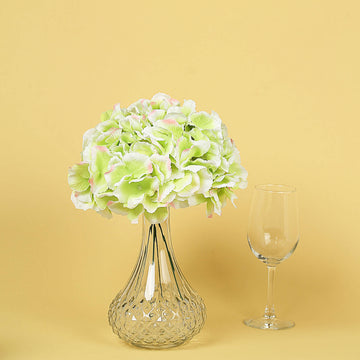 10 Flower Head and Stems Lime/Pink Artificial Satin Hydrangeas, DIY Arrangement