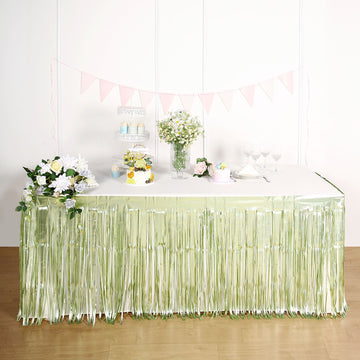 Add a Touch of Elegance with the Matte Sage Green Metallic Foil Fringe Table Skirt