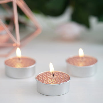 9 Pack Metallic Rose Gold Tealight Candles, Unscented Dripless Wax - Textured Design