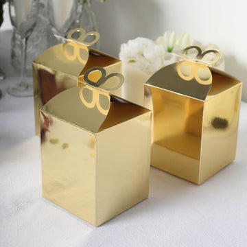 25 Pack Metallic Gold Foil Butterfly Top Premium Candy Gift Boxes, Cardstock Party Favor Boxes 250 GSM