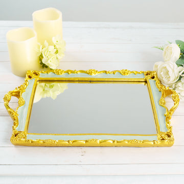 Metallic Gold/Mint Green Resin Decorative Vanity Serving Tray, Rectangle Mirrored Tray 15"x10"