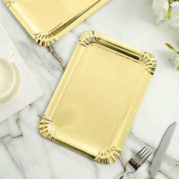 10 Pack Metallic Gold Paper Cardboard Serving Trays, Rectangle Party Platters With Scalloped Rim 400 GSM 9"