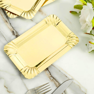 10 Pack Metallic Gold Small Paper Cardboard Serving Trays, Rectangle Party Platters With Scalloped Rim 400 GSM 6"