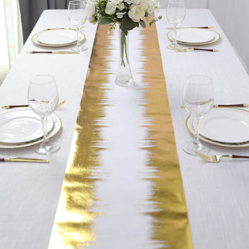 Elevate Your Table Setting with a Metallic Gold and White Icicle Print Non-Woven Foil Table Runner