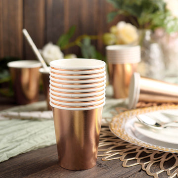 24 Pack Metallic Rose Gold Paper Cups, Disposable Cup Tableware All Purpose 9oz