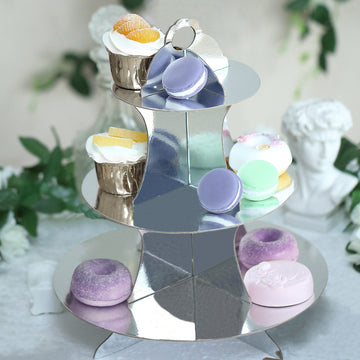 3-Tier Metallic Silver Cardboard Cupcake Dessert Stand Treat Tower 14"