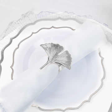 4 Pack Metallic Silver Ginkgo Leaf Napkin Rings, Ornate Design Linen Napkin Holders