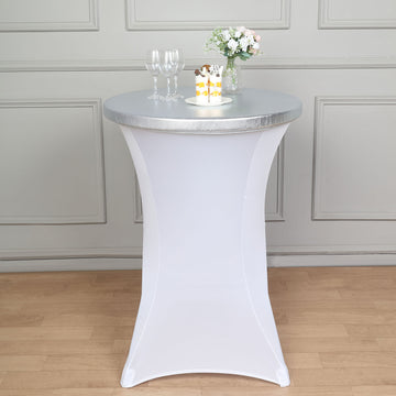 Add Elegance to Your Event with the Metallic Silver Spandex Stretch Fitted Cocktail Table Top Cover