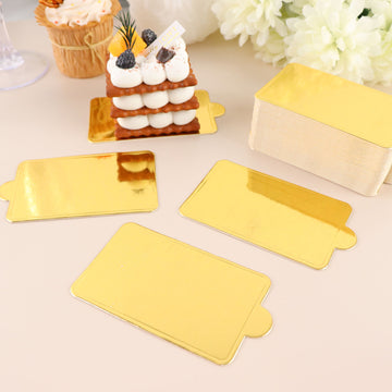 50 Pack Mini Gold Rectangle Dessert Slice Paper Trays, Cake Boards 2.4"x4"