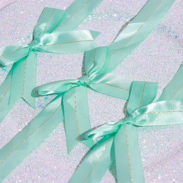 50 Pcs Mint Green Pre Tied Ribbon Bows, Satin Ribbon With Gold Foil Lining For Gift Basket and Party Favors Decor 10"