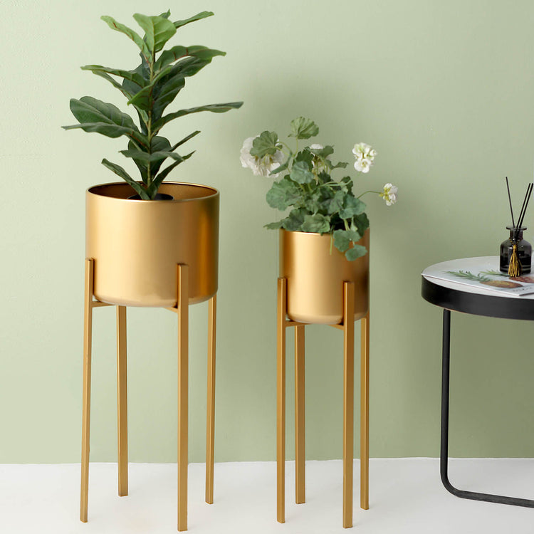 Set Of 2 Gold Metal Planter Stands For Indoor Plant Pots 25 Inch 27 Inch