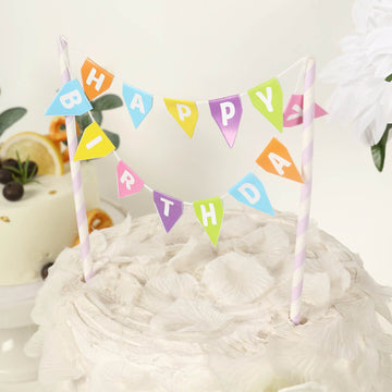 Multi-Color Happy Birthday Bunting Garland Cake Topper, Cake Banner Sign with Lavender Lilac Straws