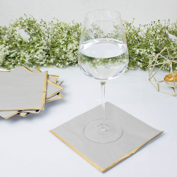 Gray Soft 2 Ply Paper Beverage Napkins with Gold Foil Edge - Add Elegance to Your Event Decor