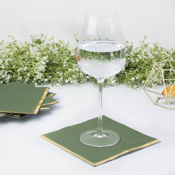 Olive Green Soft 2 Ply Paper Beverage Napkins with Gold Foil Edge - Elevate Your Event Décor
