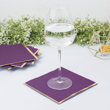 Purple Soft 2 Ply Paper Beverage Napkins with Gold Foil Edge - Add Elegance to Your Event Decor