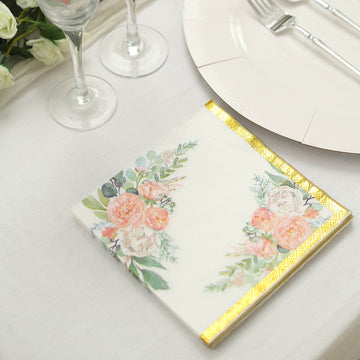 Elegant White Gold Trim Pink Peony Floral Design Paper Napkins