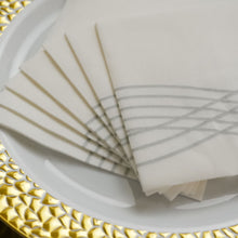 20 Pack Disposable Airlaid White and Silver Linen Feel Napkins with Foil Wave Design