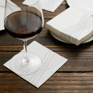 White / Silver Airlaid Linen-Feel Paper Cocktail Napkins - Add Elegance to Your Table