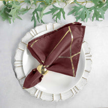 Cloth Napkins In Burgundy With Gold Geometric Design 20x20 Inch