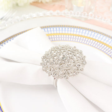 Silver Metal Diamond Rhinestone Flower Napkin Rings