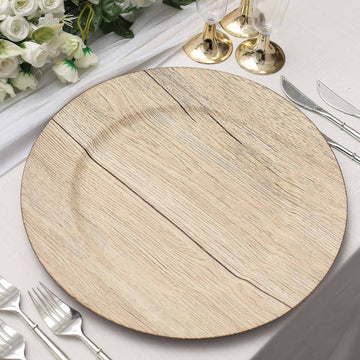 6 Pack Natural Boho Chic Faux Wood Plastic Charger Plates, Round Rustic Wedding Party Service Plates 13"