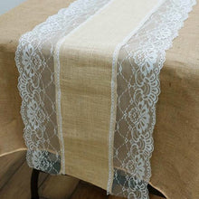 16 Inch x 108 Inch Natural Jute Burlap Table Runner With White Lace Edges#whtbkgd