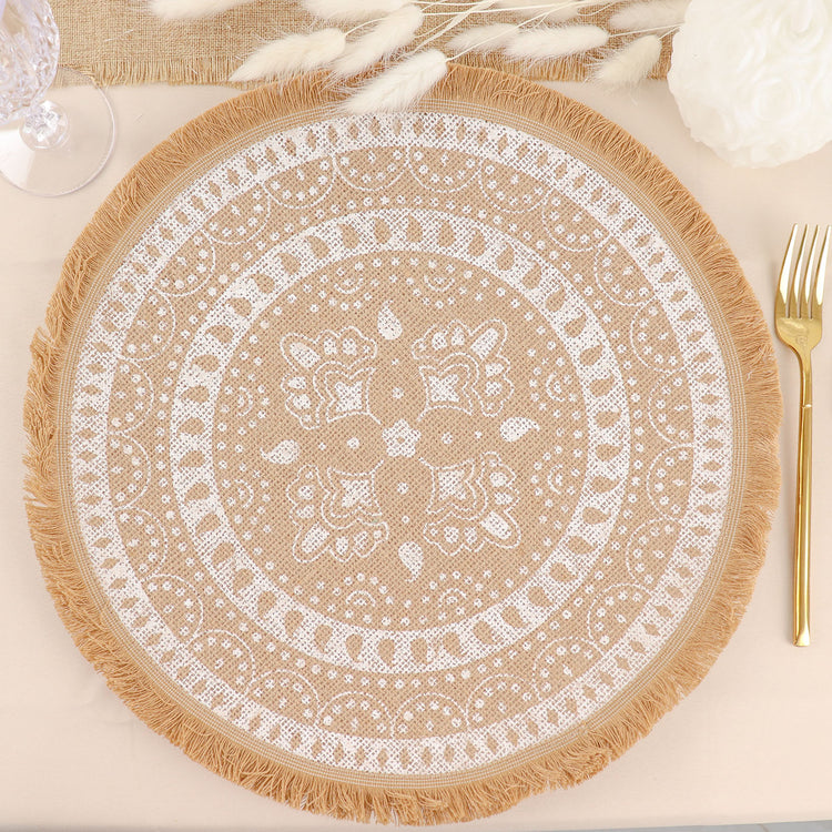 Natural And White Jute Round Placemats With Fringe 15 Inch 