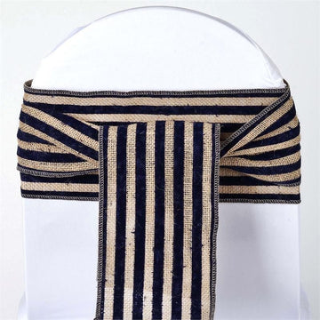 Elevate Your Event Decor with Natural Navy Blue Stripes Rustic Burlap Jute Chair Sash