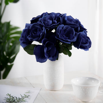 Navy Blue Artificial Velvet-Like Fabric Rose Flower Bouquet Bush 12"