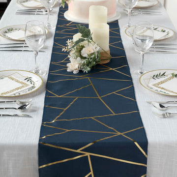 Navy Blue / Gold Foil Geometric Pattern Polyester Table Runner 9ft