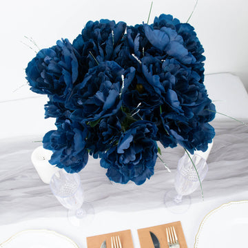 12 Bushes Navy Blue High Quality Silk Peony Flower Arrangements, Artificial Floral Bouquets