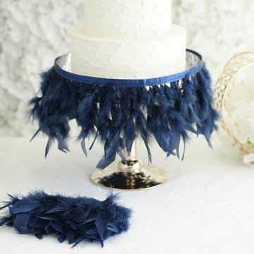 Navy Blue Real Turkey Feather Fringe Trim With Satin Ribbon Tape 39"