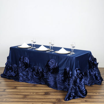 Navy Blue Seamless Large Rosette Rectangular Lamour Satin Tablecloth 90"x132"