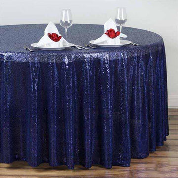 Elevate Your Event Decor with the Navy Blue Seamless Premium Sequin Round Tablecloth 108