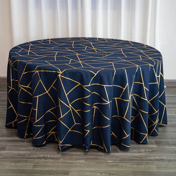 Navy Blue Seamless Round Polyester Tablecloth With Gold Foil Geometric Pattern 120"