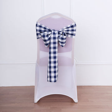 Elevate Your Event Decor with Navy Blue/White Buffalo Plaid Chair Sashes
