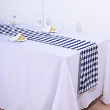 Navy Blue / White Buffalo Plaid Table Runner, Gingham Polyester Checkered Table Runner 14"x108"