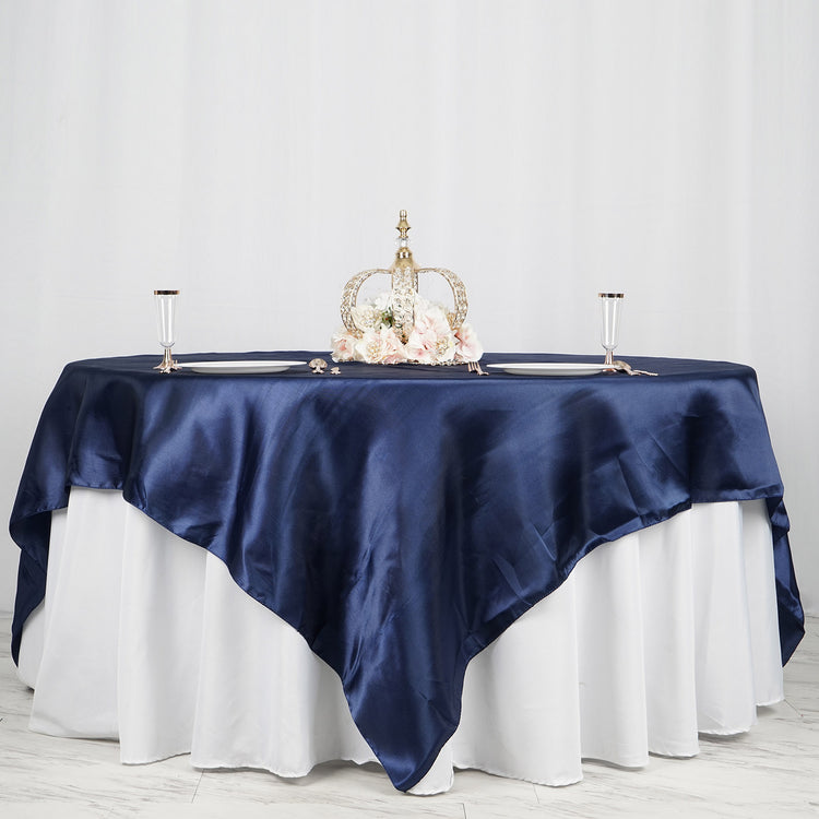 90 Inch x 90 Inch Navy Blue Seamless Satin Square Tablecloth Overlay