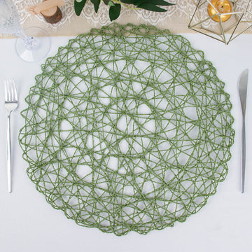 6 Pack Olive Green Woven Fiber Placemats, Round Table Mats 15"