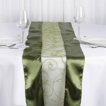 Elevate Your Table Setting with Olive Green Satin Embroidered Sheer Organza Table Runner