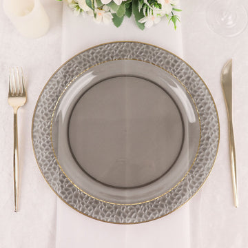 Elegant Black Hammered Design Plastic Dinner Plates with Gold Rim