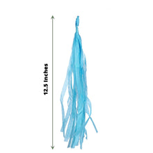 A turquoise tissue paper tassel is 12.5 inches long