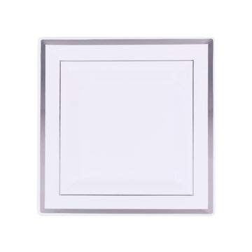 Elegant Silver Trim White Plastic Square Dessert Plates