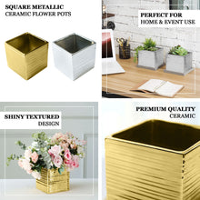5 Inch Brushed Gold Ceramic Square Flower Pots Pack of 2