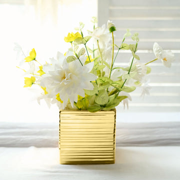 Add a Touch of Luxury with Gold Brush Textured Ceramic Square Flower Plant Box