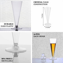 12 Clear Plastic 7 oz Disposable Trumpet Champagne Flute Glasses With Detachable Base